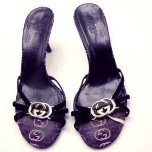 Gucci Black Suede Gold Logo Sandals